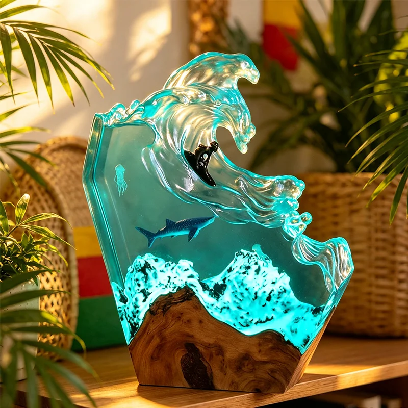 Resin Art Lamp - โคมไฟรูปวาฬทะเล งานศิลปะเรซินธีมมหาสมุทร รูปทรงสร้างสรรค์ไม่ซ้ำใคร สำหรับตกแต่งบ้าน โต๊ะทำงาน ห้องนอน