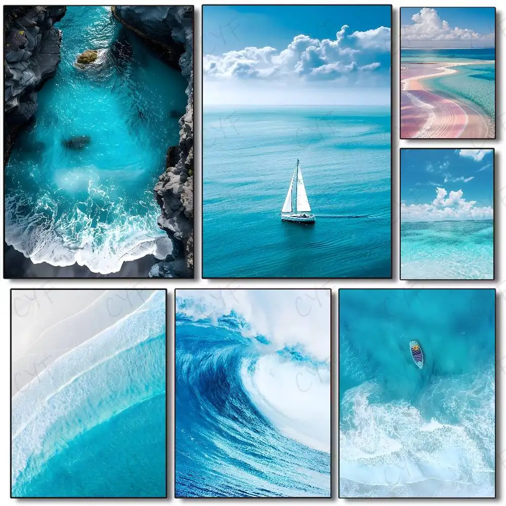 Resin Art Beach - โปสเตอร์ภาพคลื่นทะเลชายหาด งานพิมพ์ตกแต่งผนัง กันน้ำ สำหรับตกแต่งบ้าน ห้องนอน บาร์