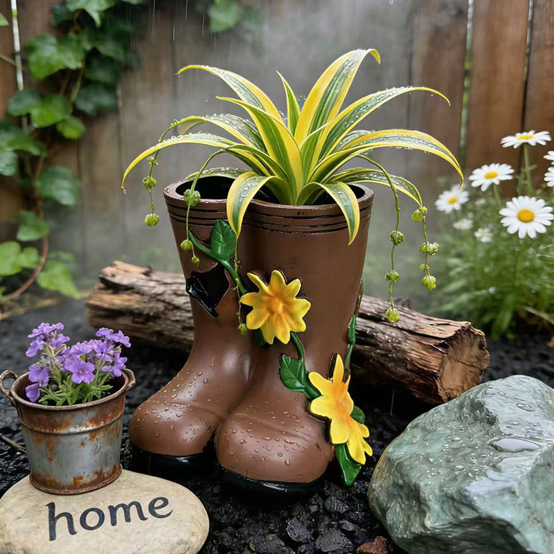 Resin Art Unique Ideas - แจกันทรงรองเท้าบูทกันฝนสไตล์ชนบท กระถางต้นไม้จิ๋วสำหรับตั้งโต๊ะ ตกแต่งสวนกลางแจ้ง ของตกแต่งเรซินสไตล์เรโทรสำหรับปลูกดอกไม้