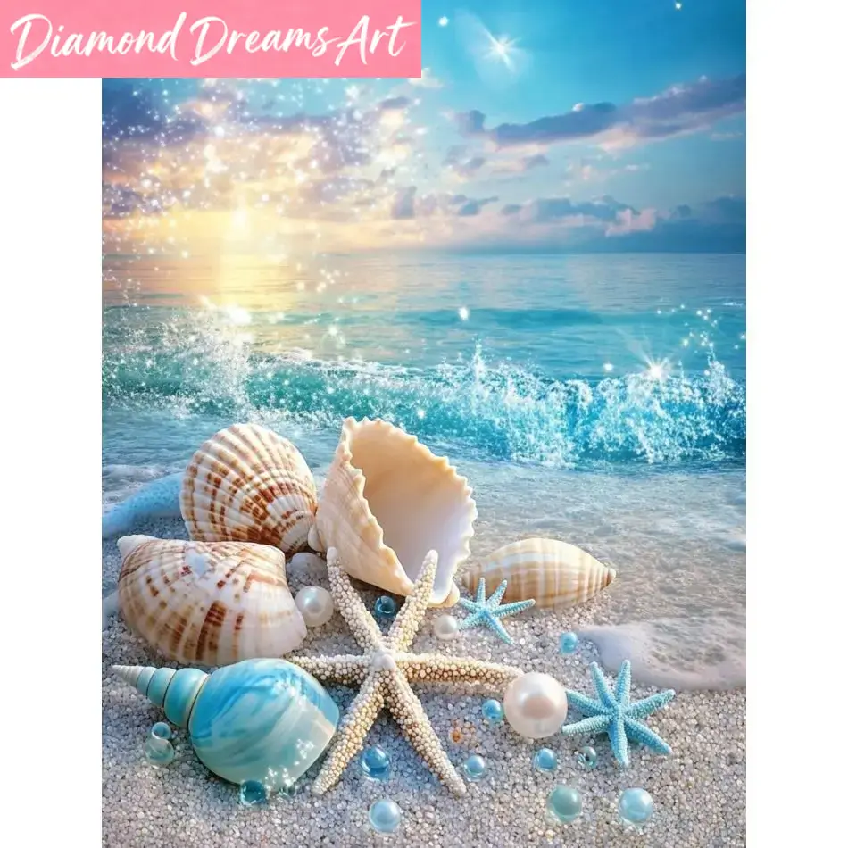 Resin Art Beach - ชุดอุปกรณ์วาดภาพเพชรแบบไร้กรอบ ลายเปลือกหอยชายหาด สำหรับผู้เริ่มต้น ภาพวิวทิวทัศน์ แบบเพชรกลมเต็มรูปแบบ อุปกรณ์งานฝีมือ