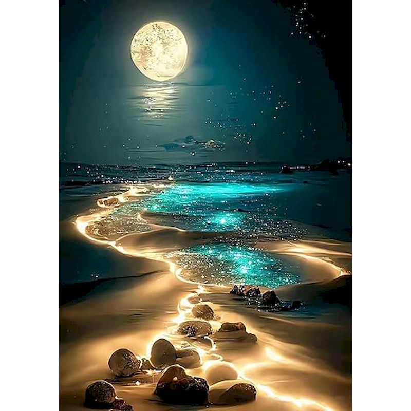Resin Art Beach - ชุดงานศิลปะเพชร 5D DIY ภาพวาดชายหาดใต้แสงจันทร์ โมเสกเพชรแบบเต็มสี่เหลี่ยมและวงกลม ทิวทัศน์แฟนตาซี