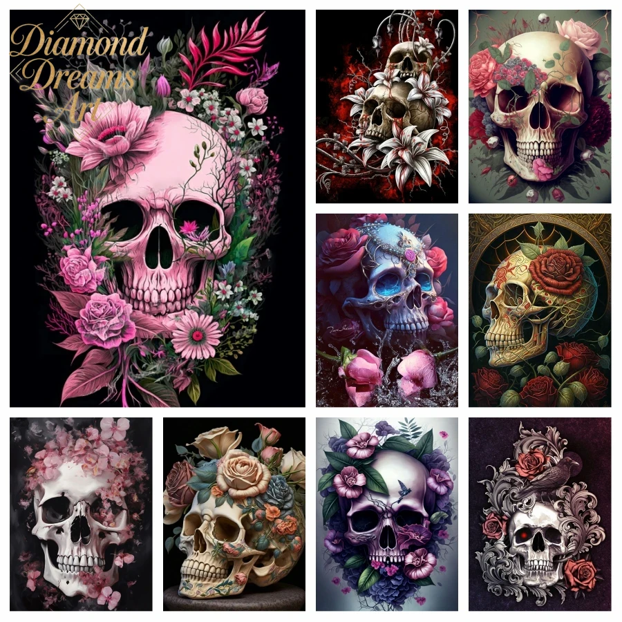 Resin Art Rose - ภาพเพชรไร้กรอบลายหัวกะโหลกฮาโลวีน ศิลปะวันแห่งความตายของเม็กซิโก โครงกระดูกสยองขวัญ กุหลาบคริสตัล งานปักครอสสติชตกแต่ง